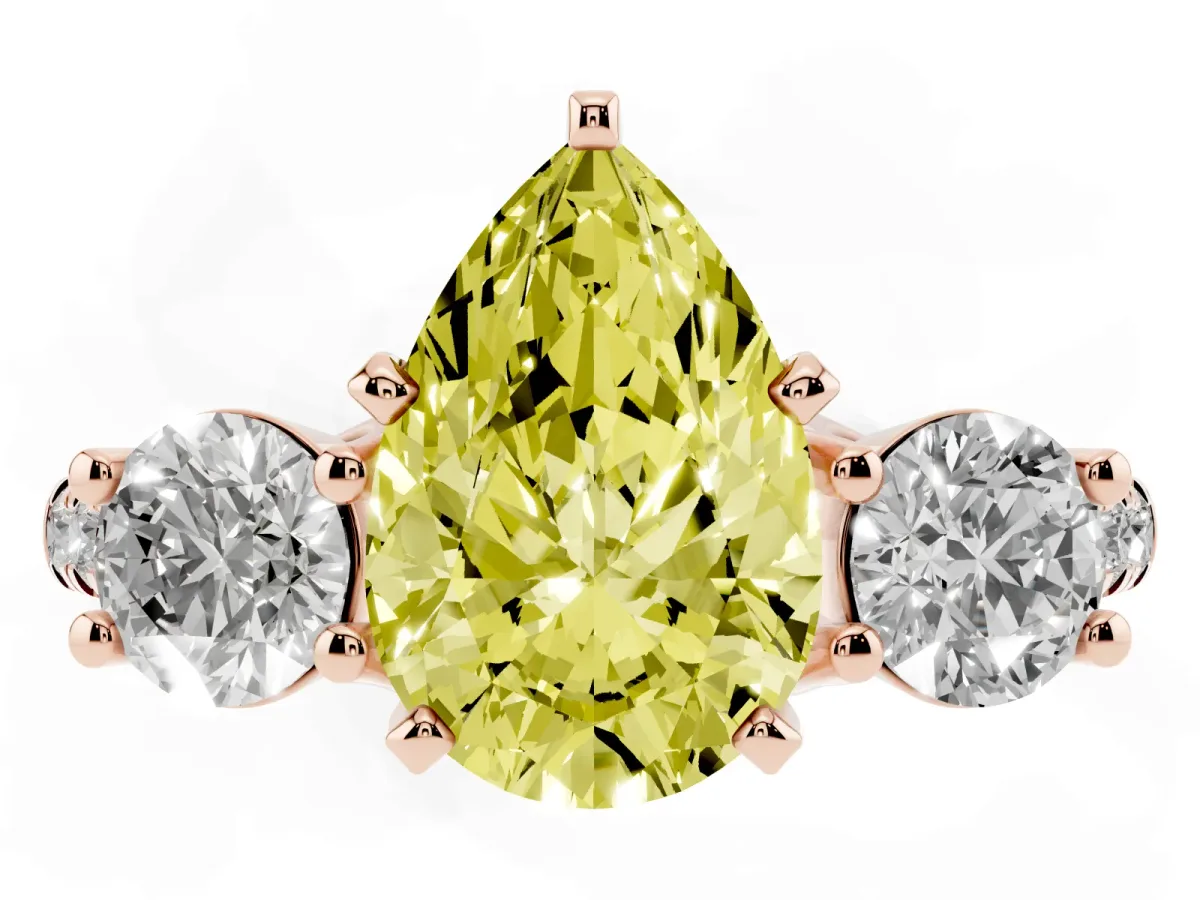 Fancy Yellow Three-Stone Pear Cut Diamond Pavé Band with Four-Prong Setting Rose gold