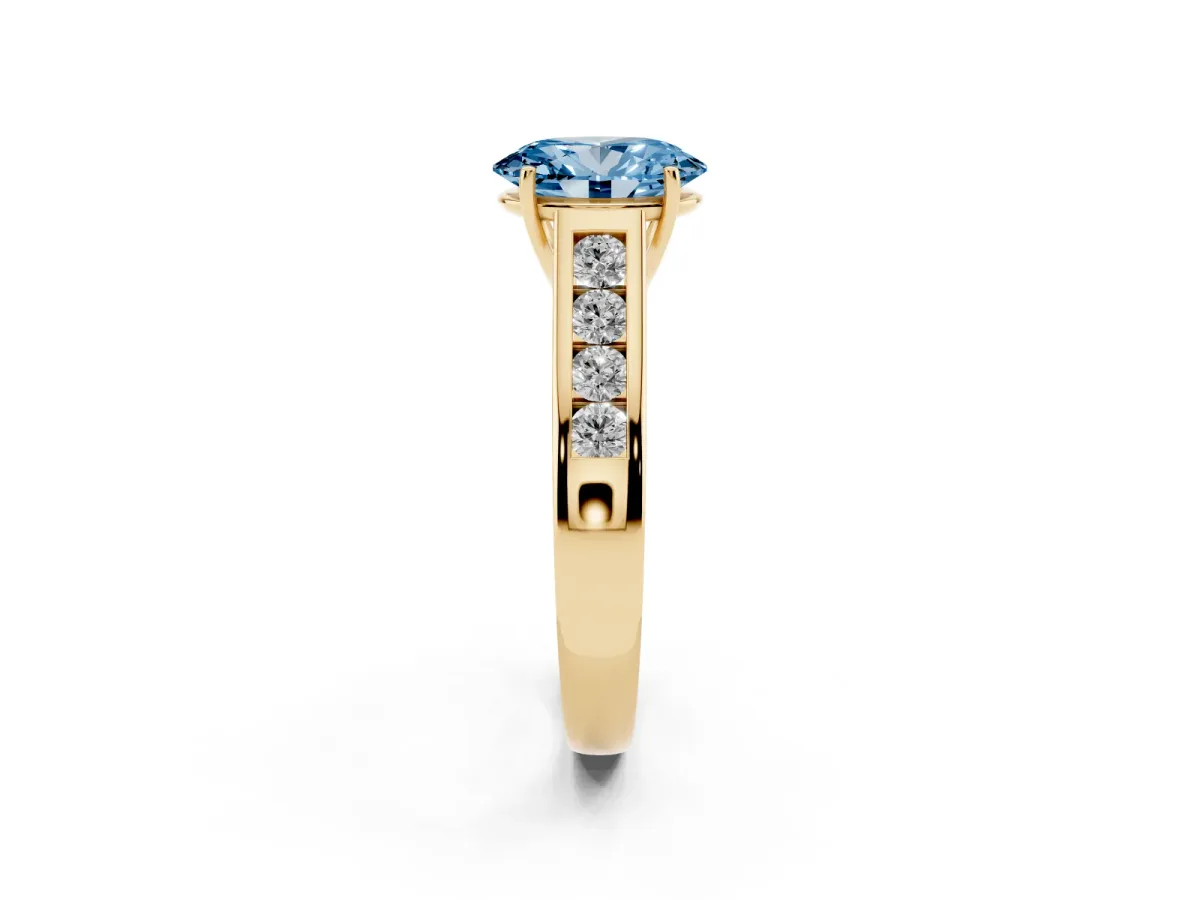 Fancy Blue Oval Cut Solitaire Channel-Set Diamond Engagement Ring with Four-Prong Setting Yellow gold