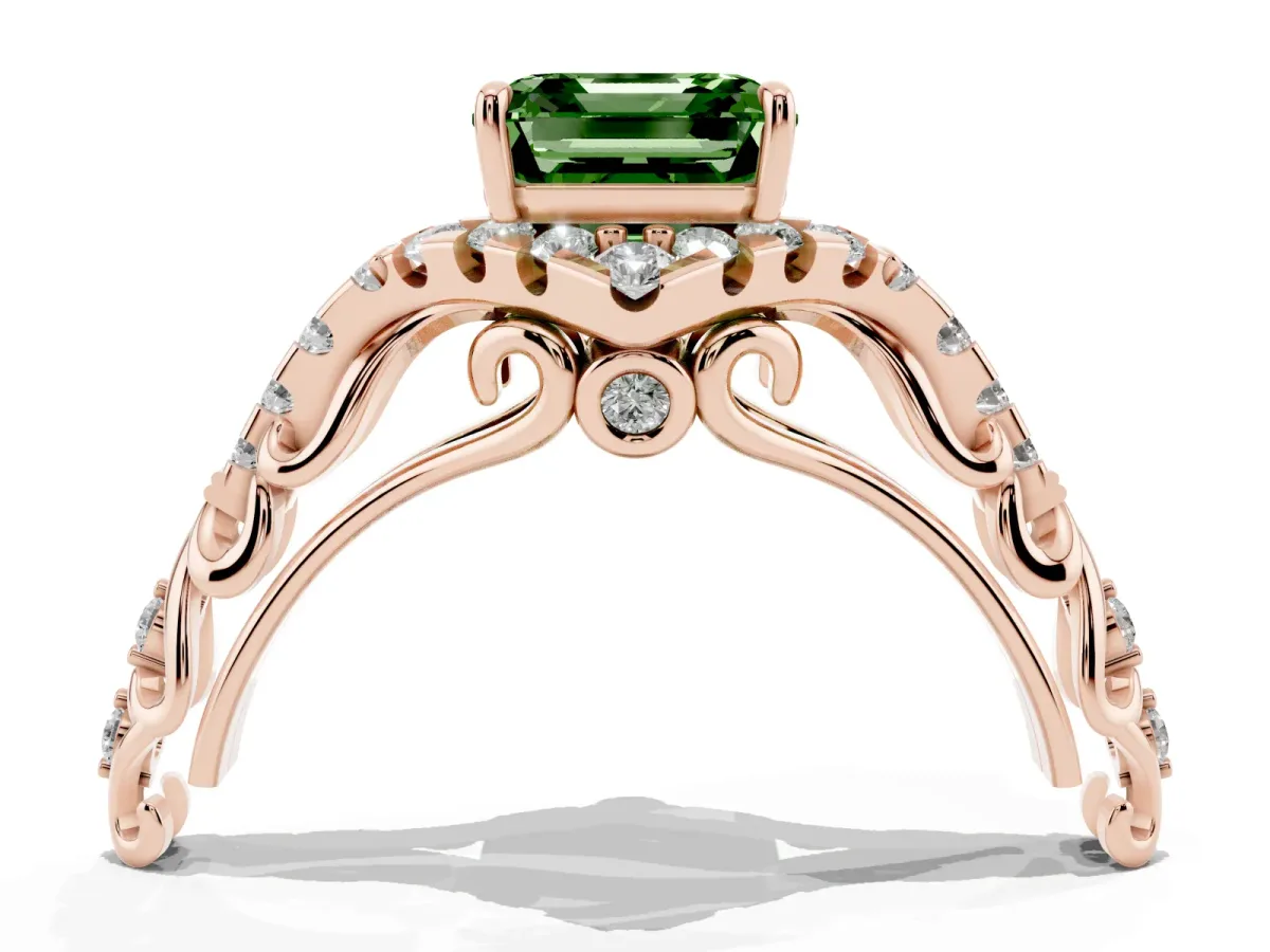 Fancy Green Asscher Cut Diamond Solitaire Ring with Hidden Halo and Pavé Band Rose gold