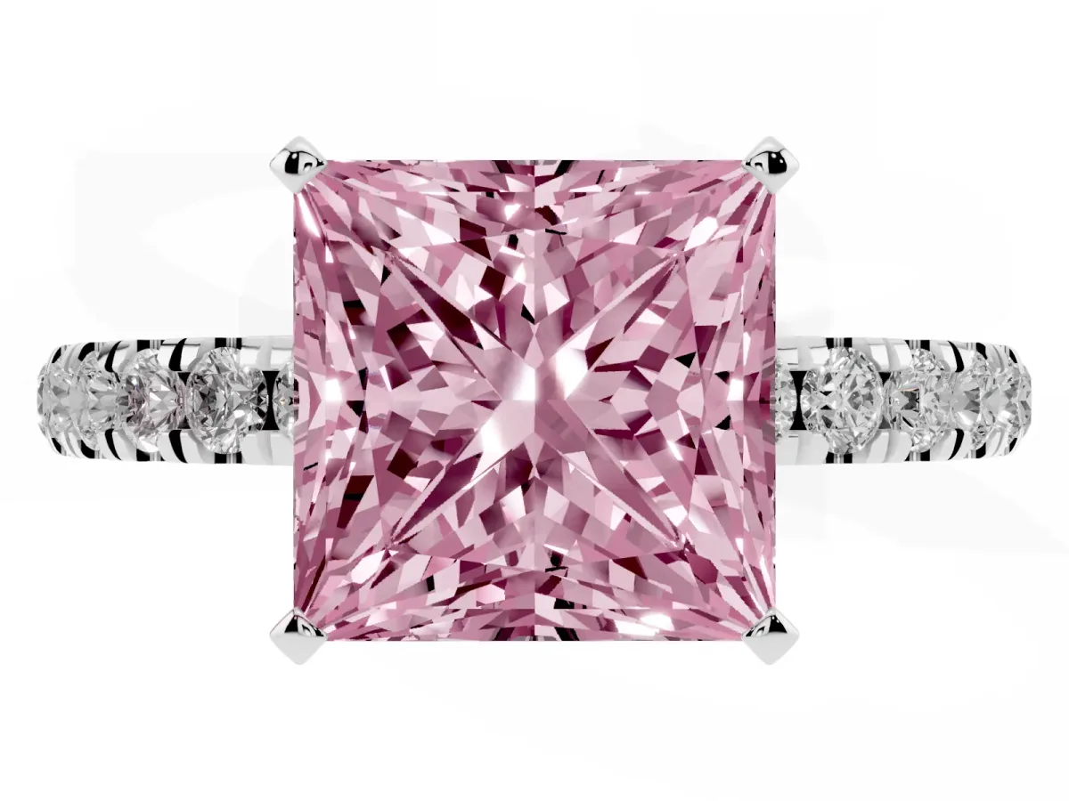 Fancy Pink Princess Cut Diamond Solitaire Ring with Pavé Accents and Four-Prong Setting Silver