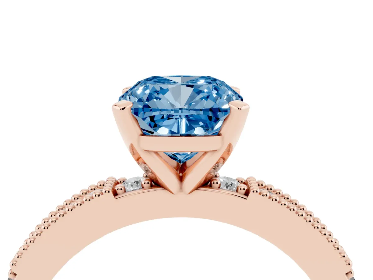 Fancy Blue Cushion Cut Solitaire with Pavé Band and Four-Prong Setting Rose gold
