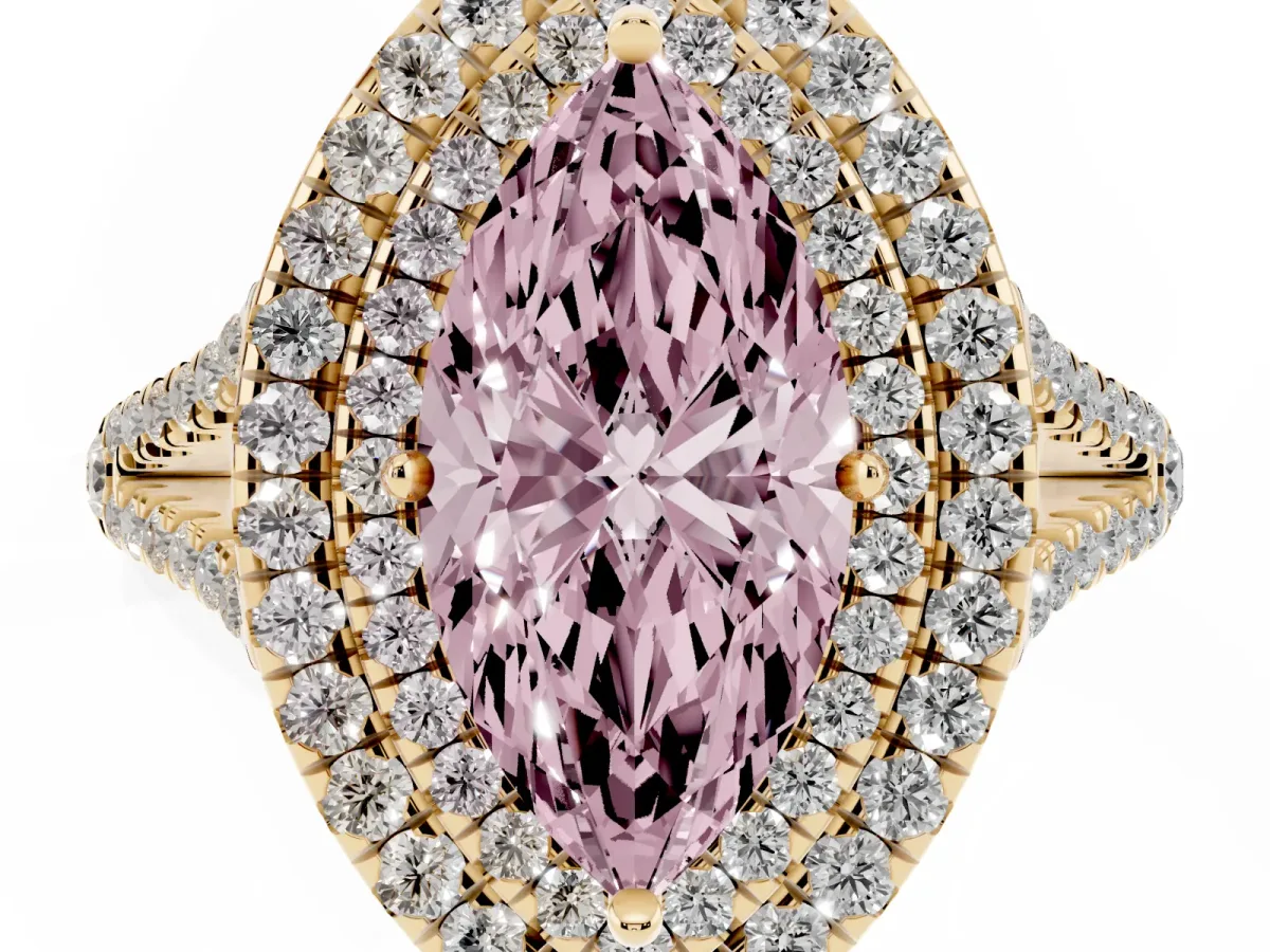 Fancy Pink Marquise Cut Diamond Double Halo Ring with Pavé Band and Prong Setting Yellow gold