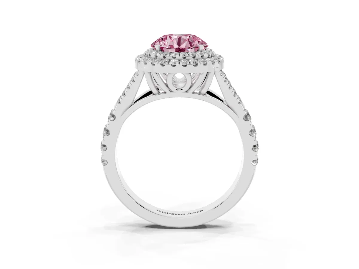 Fancy Pink Double Halo Round Cut Diamond Split Shank Engagement Ring with Four-Prong Setting Silver