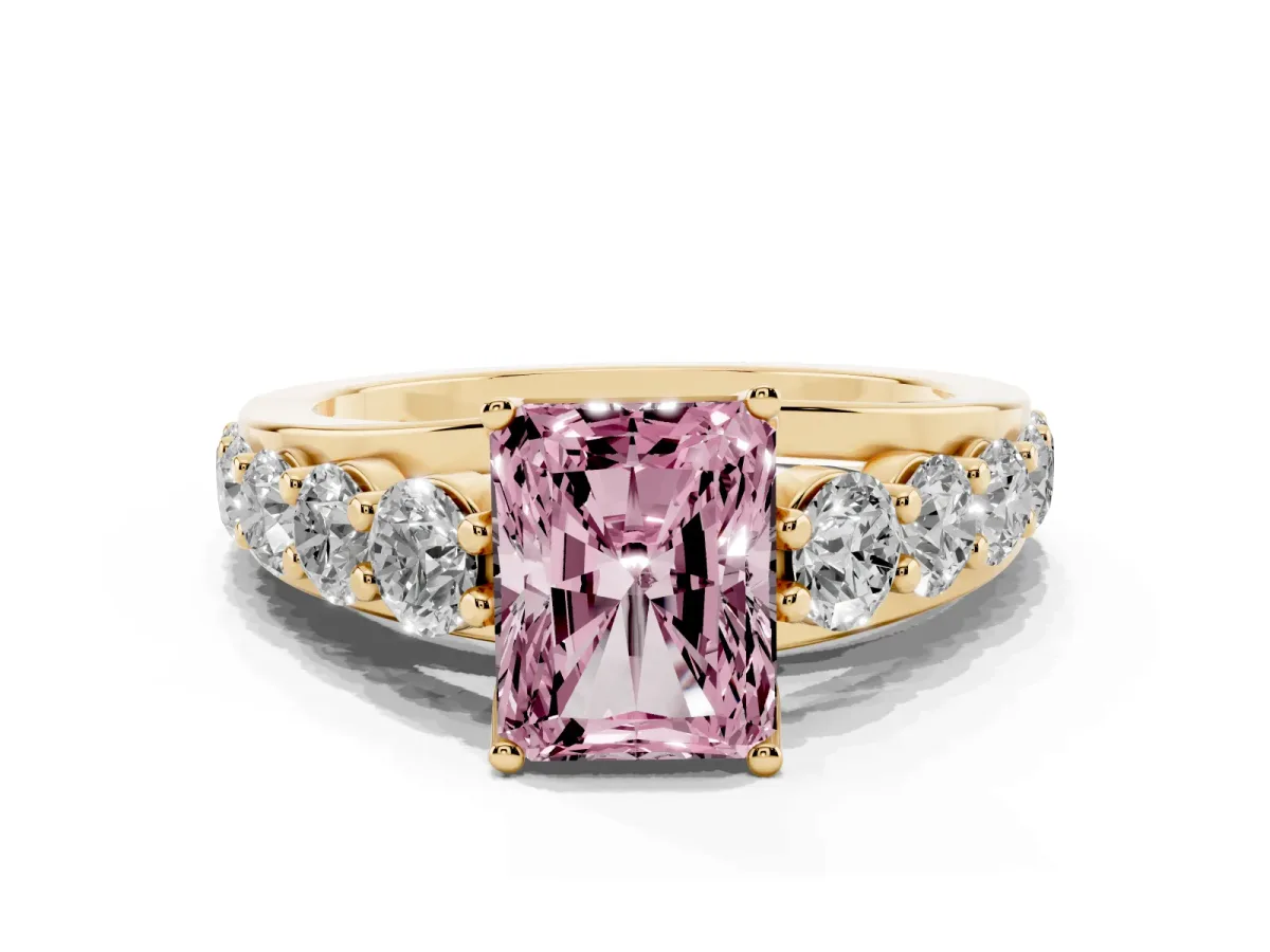 Fancy Pink Radiant Cut Diamond Engagement Ring with Pavé Band and Four-Prong Setting Yellow gold