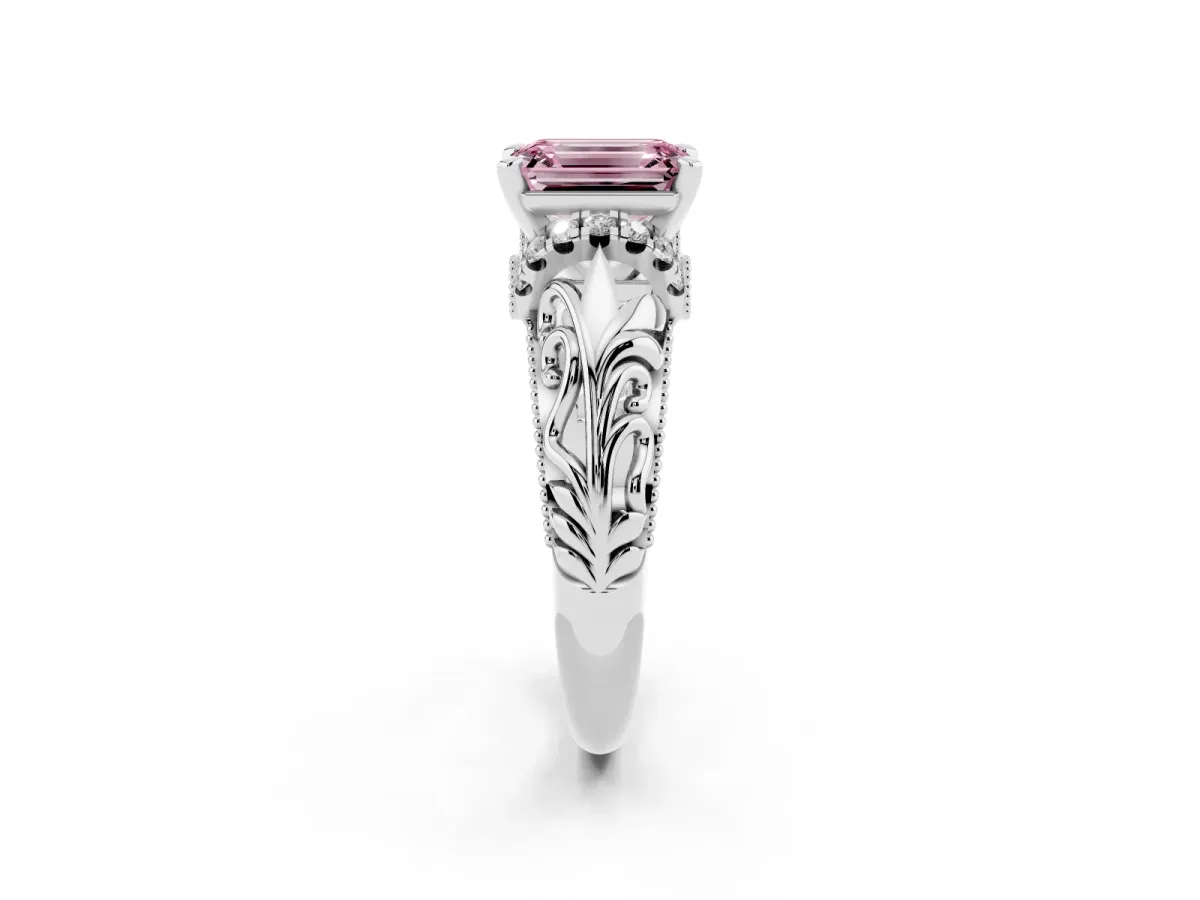 Fancy Pink Emerald Cut Solitaire Filigree Engagement Ring with Halo and Prong Setting Silver