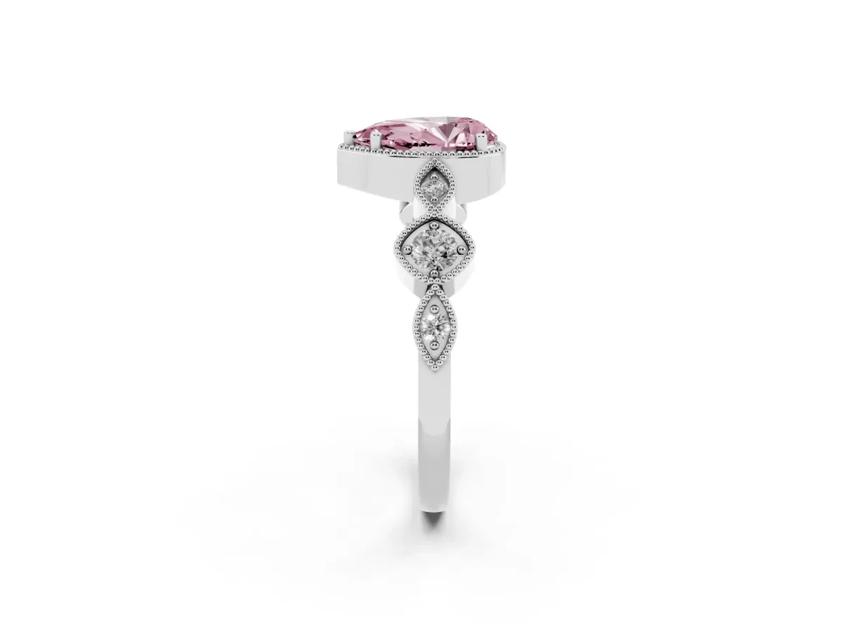 Fancy Pink Pear Cut Diamond Vintage Milgrain Ring with Round Stations Silver