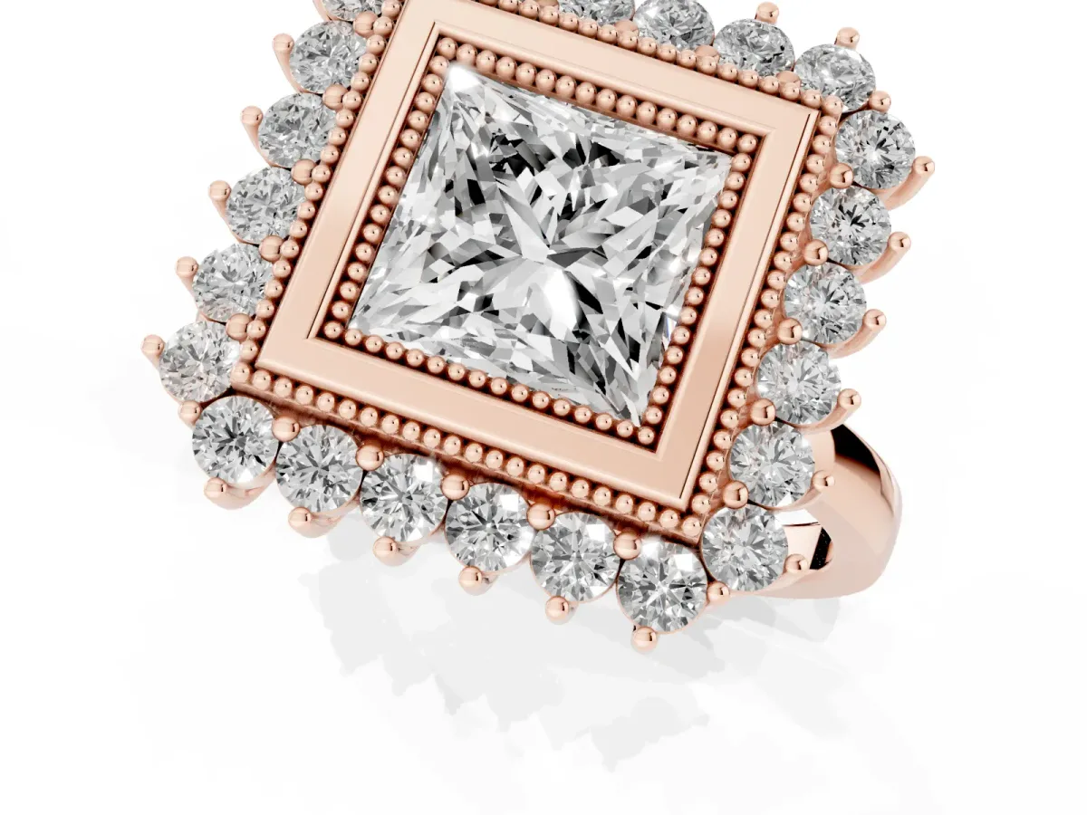 Princess Cut Halo Diamond Ring with Milgrain Edge and Round Prong Setting Rose gold