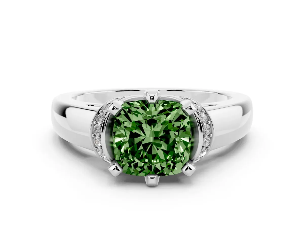 Fancy Green Cushion Cut Solitaire Diamond Ring with Pave Band and Six-Prong Setting Platinum