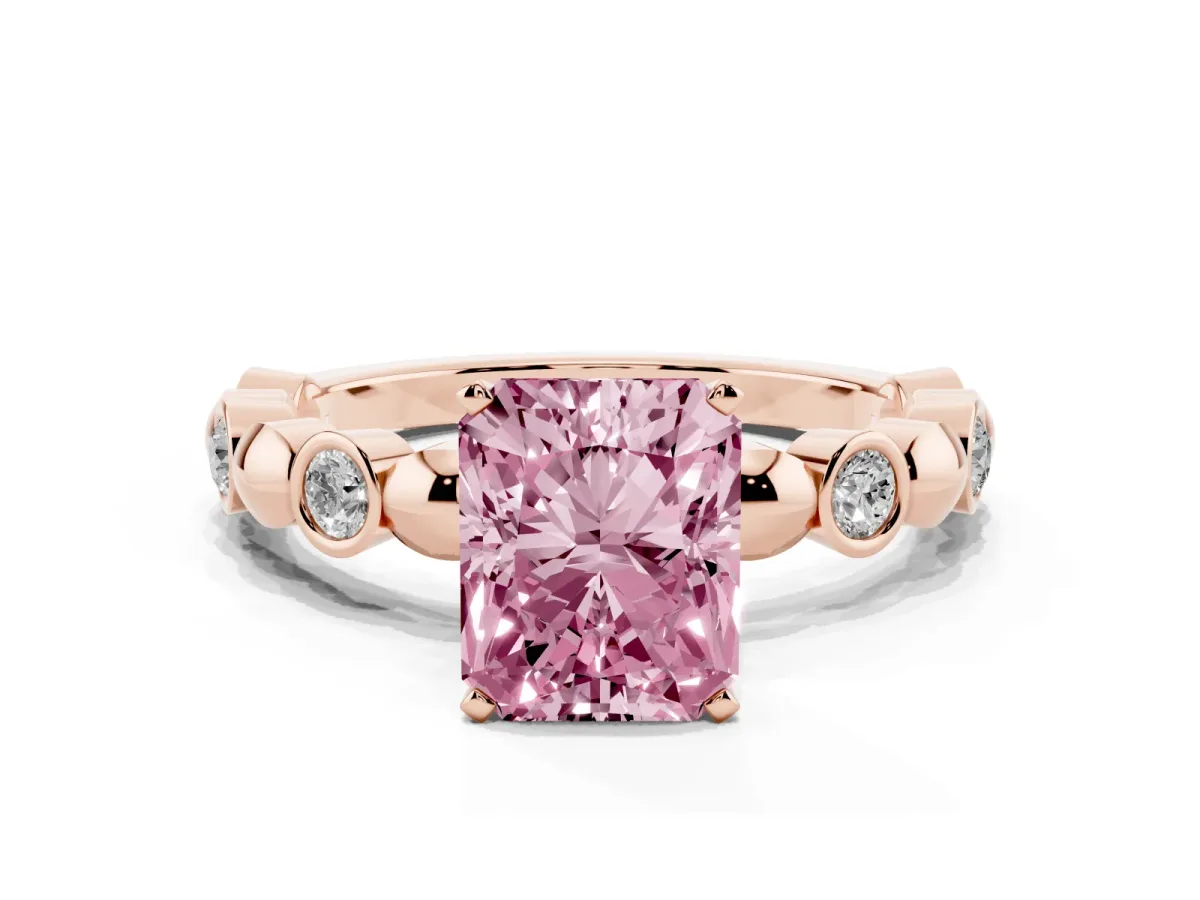 Fancy Pink Radiant Cut Solitaire Bezel-Set Diamond Ring with Beaded Band and Four-Prong Setting Rose gold