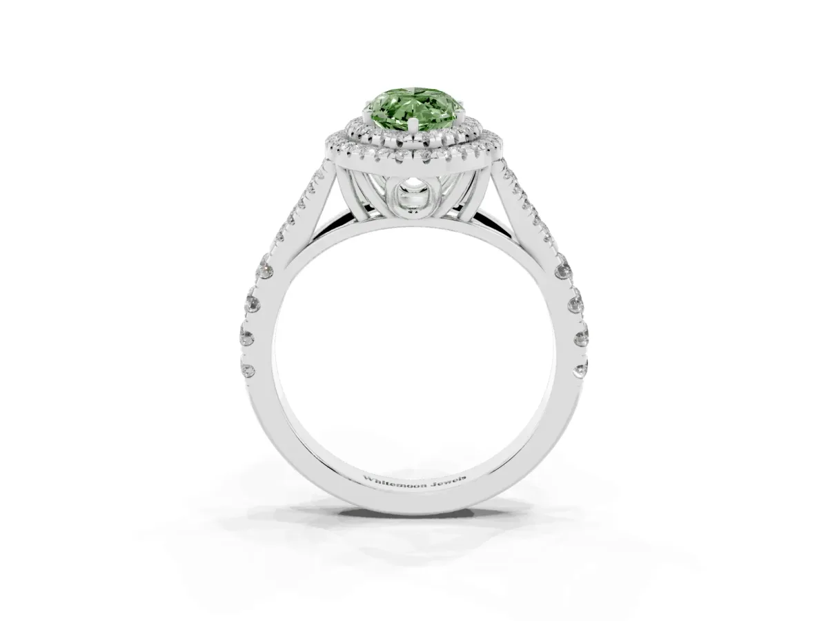 Fancy Green Marquise Cut Diamond Pavé Split Shank Double Halo Engagement Ring Silver