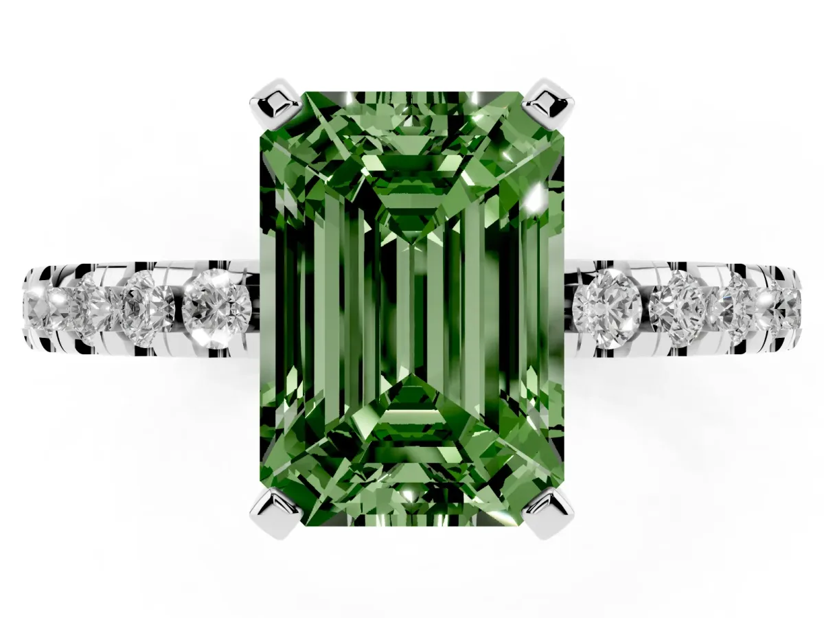Fancy Green Emerald Cut Diamond Solitaire Ring with Round Pavé Band and Four-Prong Setting Silver