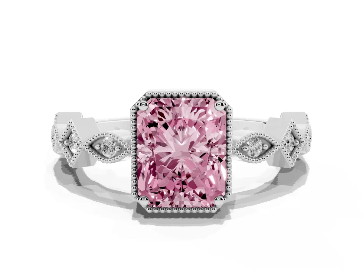 Fancy Pink Radiant Cut Milgrain Marquise Diamond Twist Band Ring Platinum