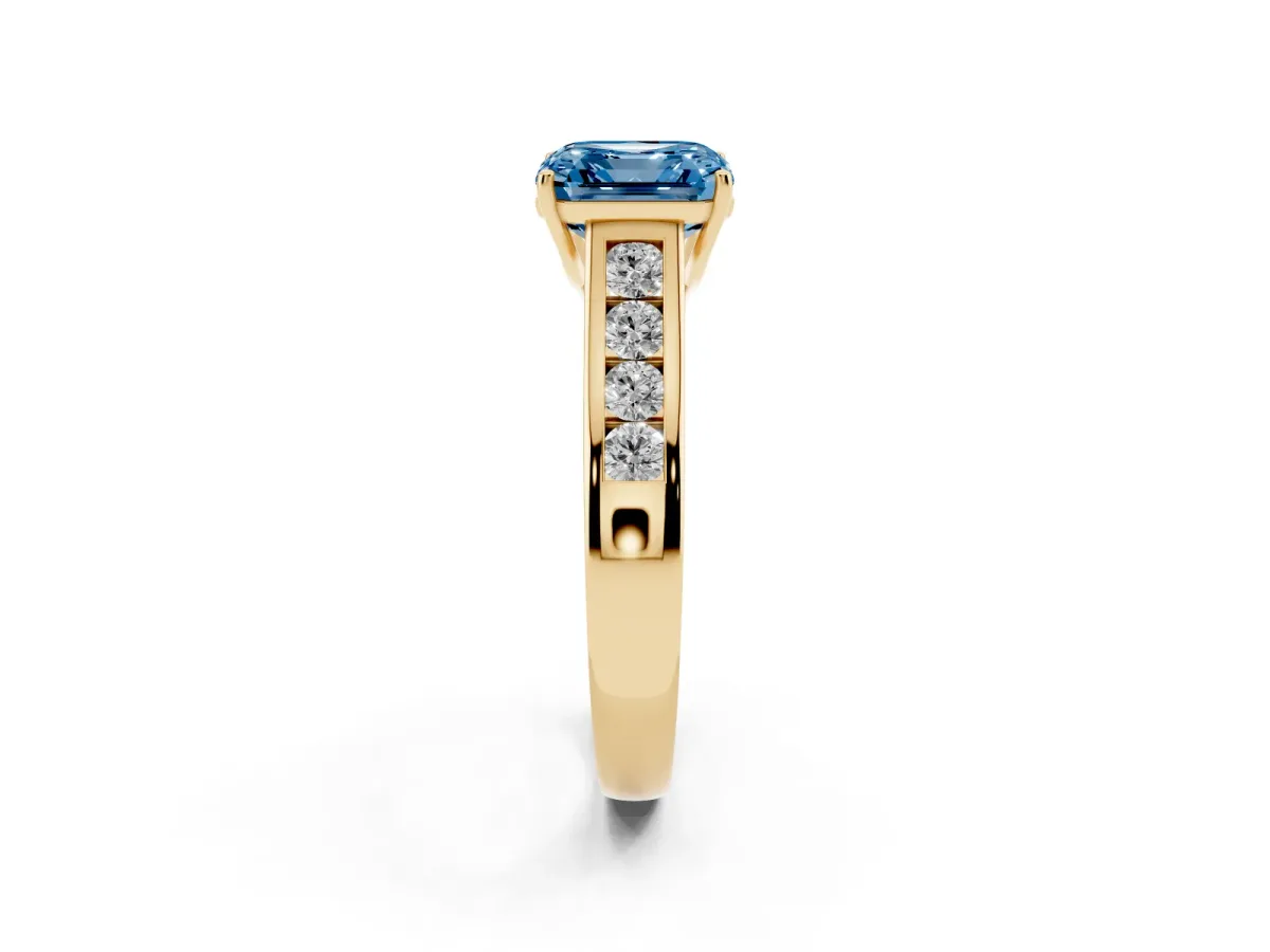 Fancy Blue Asscher Cut Solitaire Channel-Set Diamond Engagement Ring with Four-Prong Setting Yellow gold