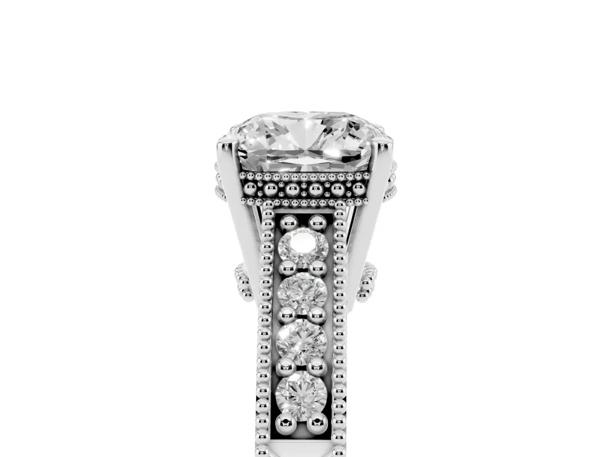 Cushion Cut Solitaire Pavé Diamond Milgrain Engagement Ring with Four-Prong Setting Silver