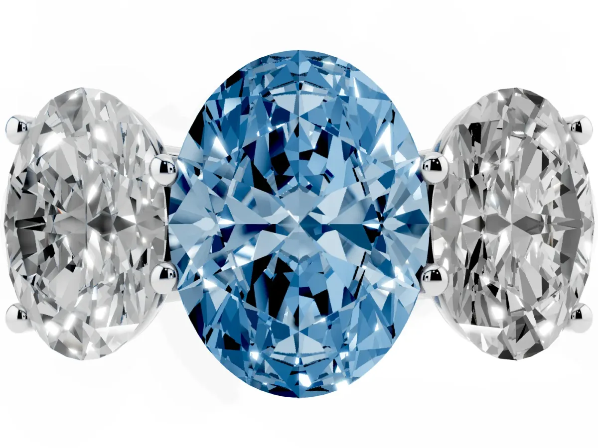 Fancy Blue Oval Cut Three-Stone Diamond Ring with Prong Setting on a Classic Band Platinum