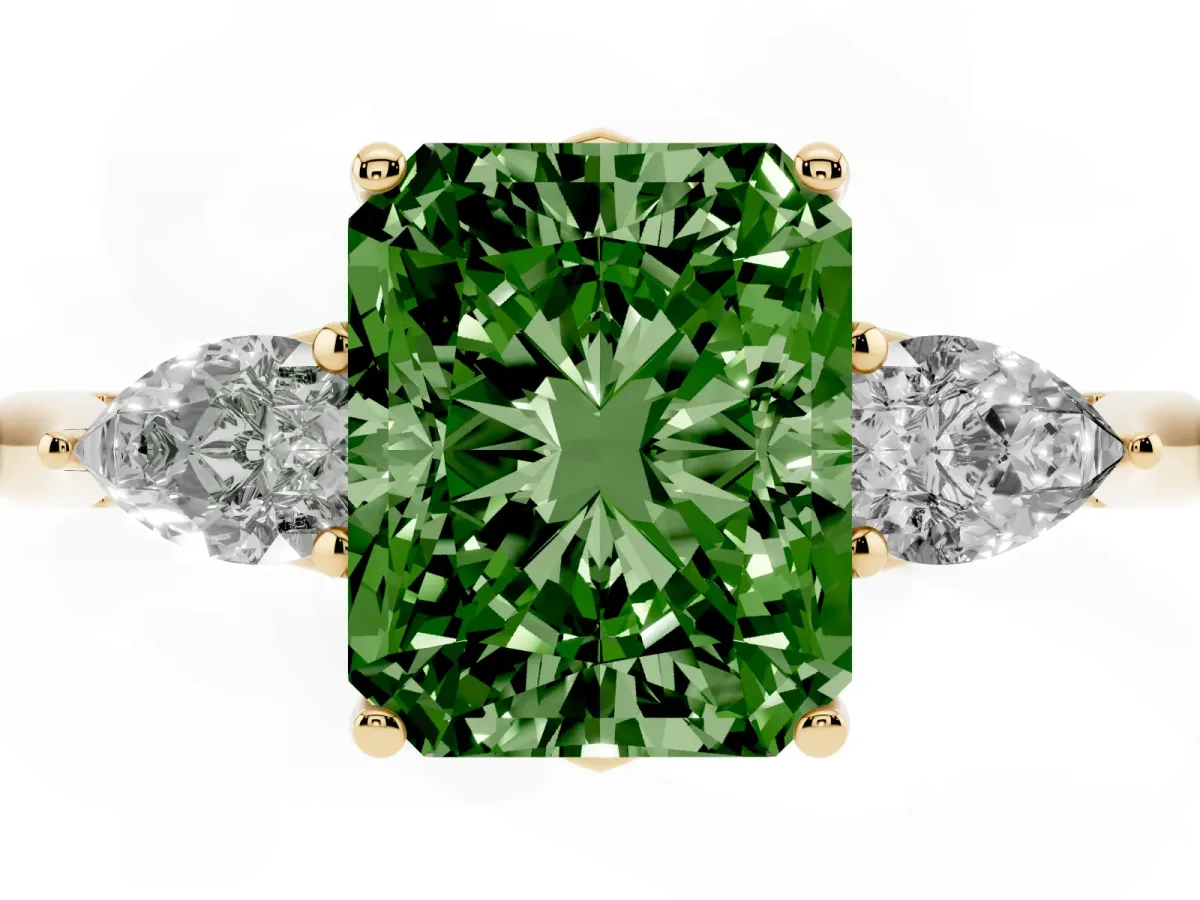Fancy Green Three-Stone Radiant Cut Brilliant Diamond Solitaire Ring with Tapered Band and Four-Prong Setting Yellow gold