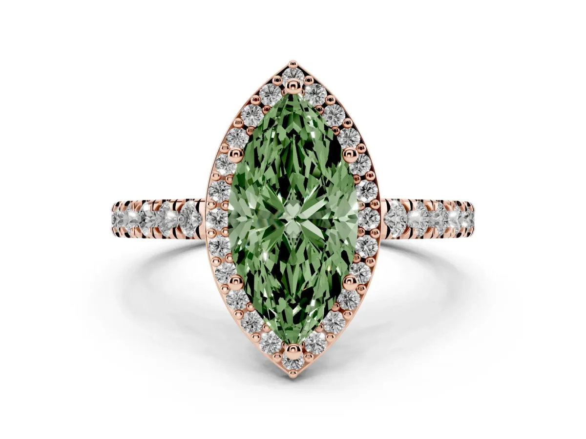 Fancy Green Marquise Cut Cut Halo Diamond Engagement Ring with Pave Band and Four-Prong Setting Rose gold