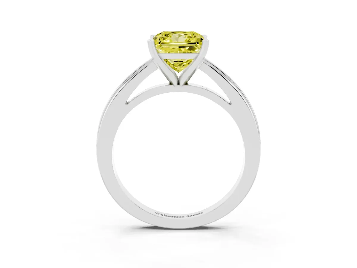 Fancy Yellow Princess Cut Solitaire Diamond Ring with Four-Prong Setting and Classic Band Silver