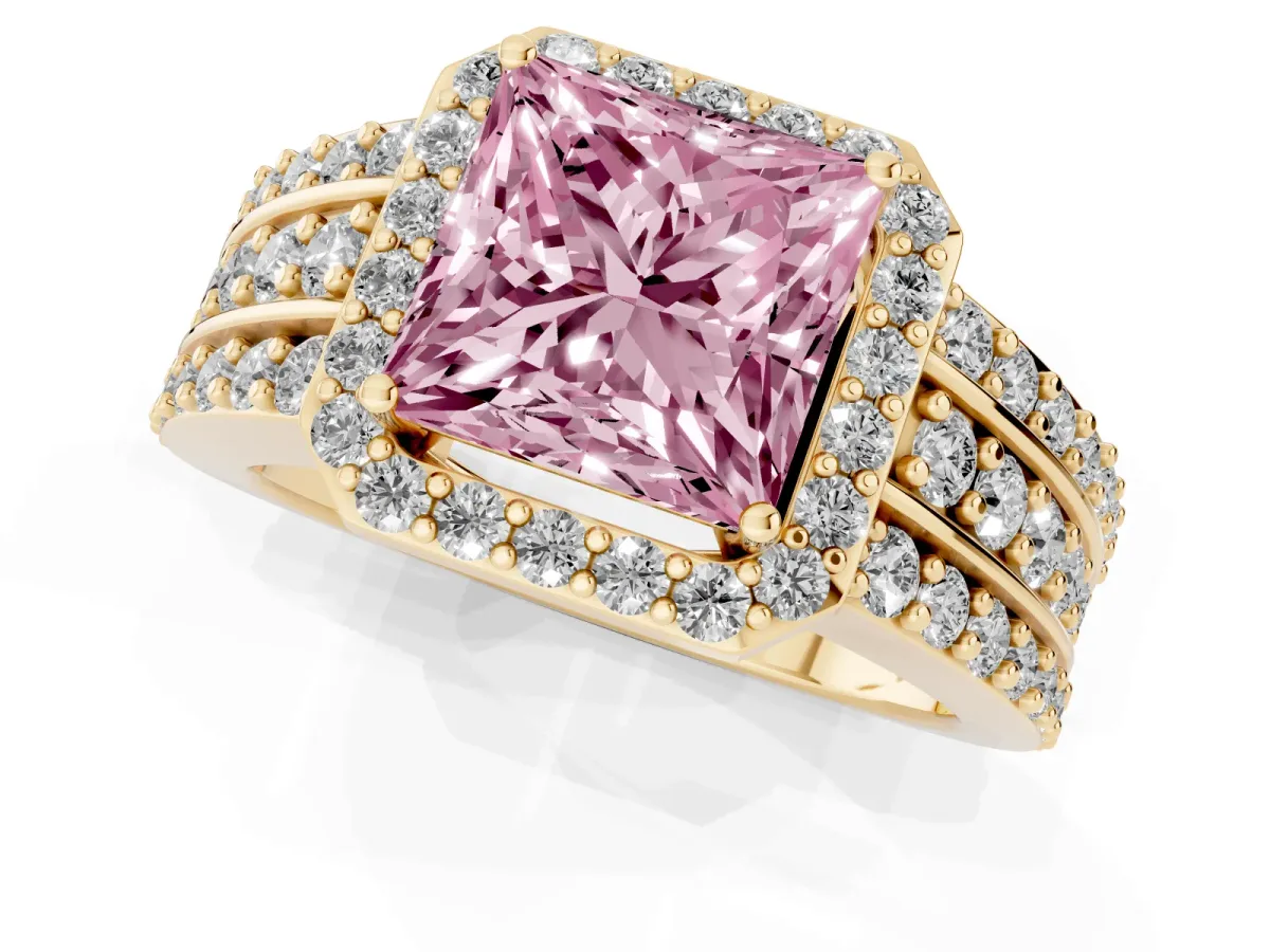 Fancy Pink Princess Cut Halo Diamond Ring with Round Split Shank and Prong Setting Yellow gold