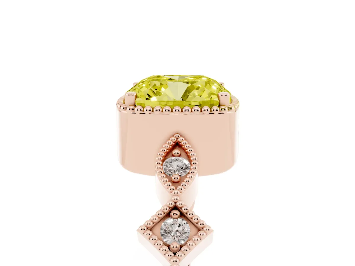Fancy Yellow Cushion Cut Milgrain Marquise Diamond Twist Band Ring Rose gold