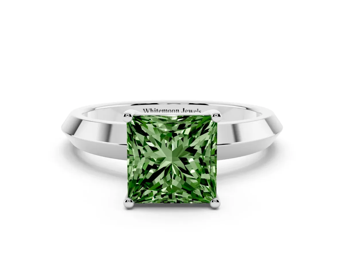 Fancy Green Princess Cut Cut Solitaire Engagement Ring with Flat Band and Four-Prong Setting Platinum