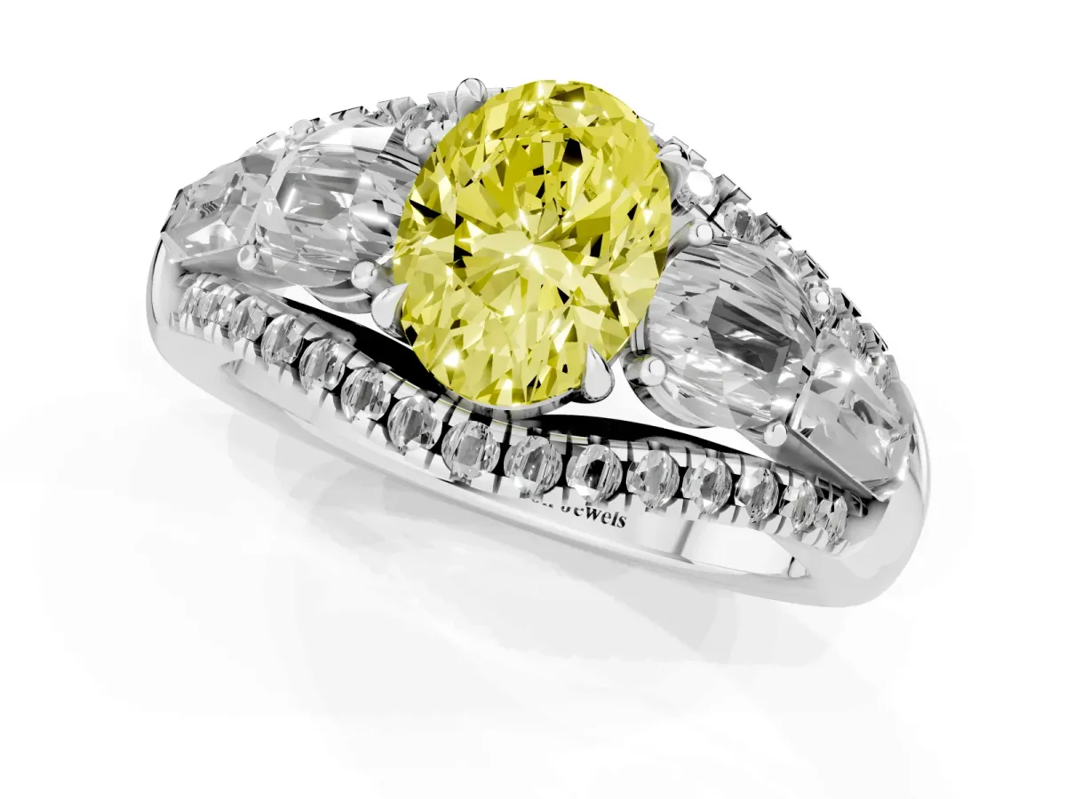 Fancy Yellow Three-Stone Oval Cut Diamond Engagement Ring with Pave Band and Prong Setting Silver