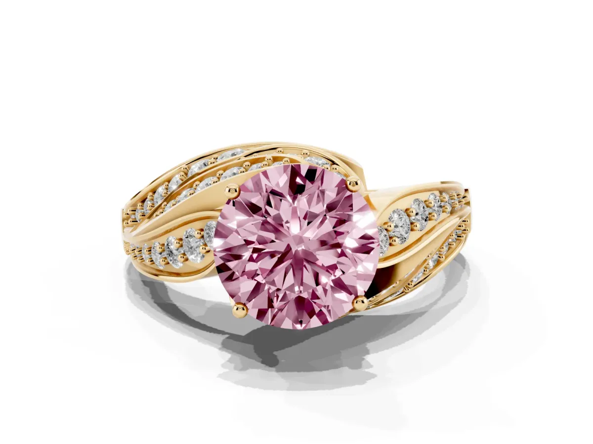 Fancy Pink Round Cut Diamond Solitaire Ring with Prong Setting and Twisted Pavé Band Yellow gold