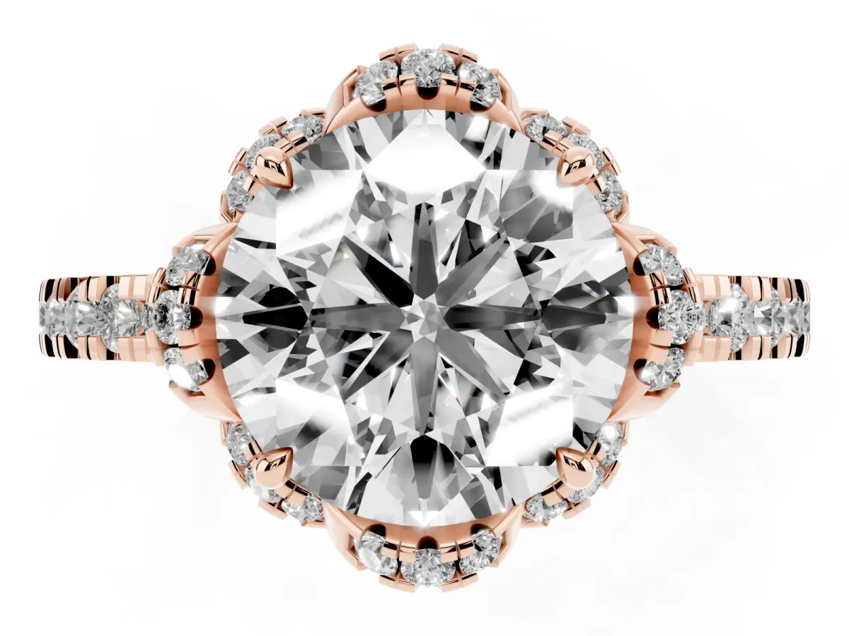 Round Cut Halo Diamond Pave Band Ring with Four-Prong Setting Rose gold
