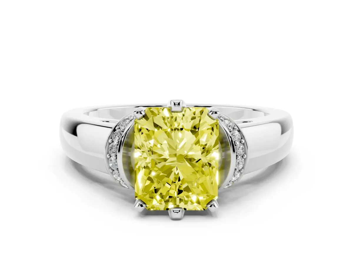 Fancy Yellow Radiant Cut Solitaire Diamond Ring with Pave Band and Six-Prong Setting Platinum