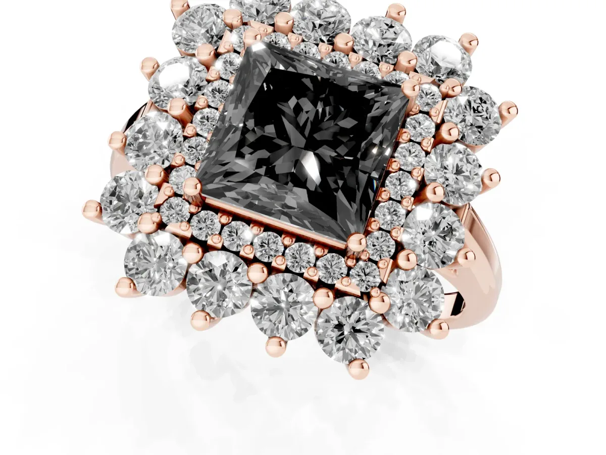 Fancy Black Princess Cut Diamond Floral Double Halo Engagement Ring with Prong Setting Rose gold
