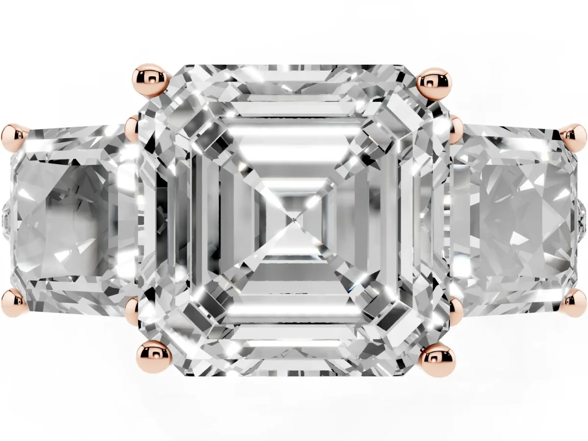 Three-Stone Asscher Cut Diamond Ring with Round Pavé Band and Prong Setting Rose gold