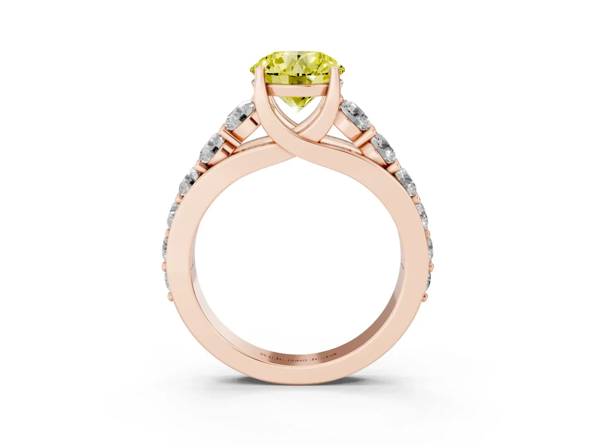 Fancy Yellow Round Cut Diamond Engagement Ring with Pavé Band and Four-Prong Setting Rose gold