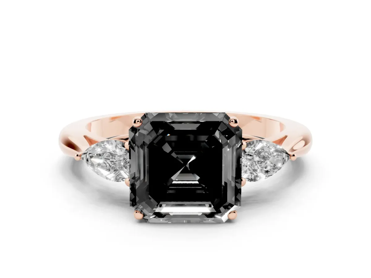 Fancy Black Asscher Cut Diamond Three-Stone Ring with Pear Side Stones and Prong Setting Rose gold