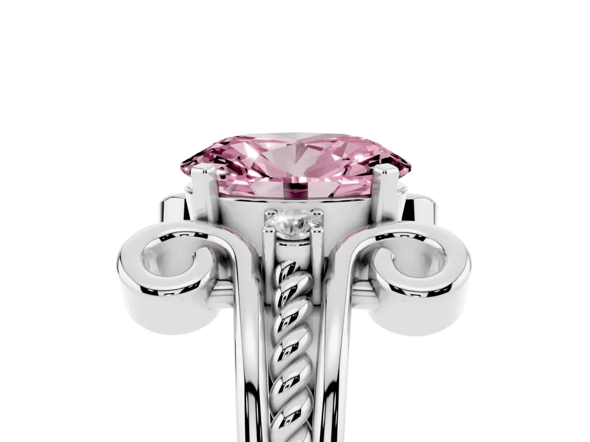 Fancy Pink Oval Cut Solitaire Twisted Band Scroll Prong Ring White gold