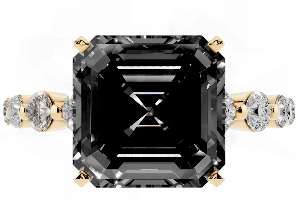 Fancy Black Asscher Cut Solitaire Diamond Ring with Pave Band and Four-Prong Setting Yellow gold