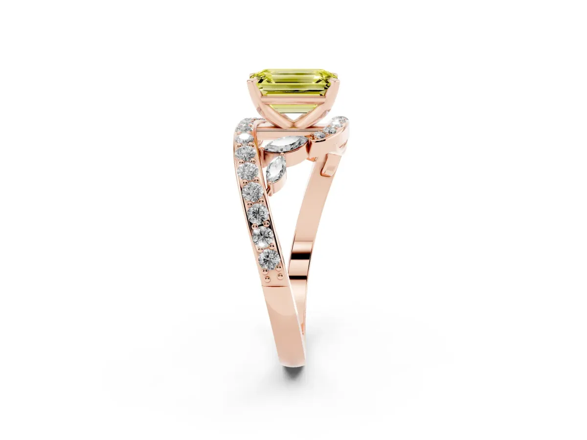 Fancy Yellow Emerald Cut Solitaire with Pavé Twist Band and Four-Prong Setting Rose gold