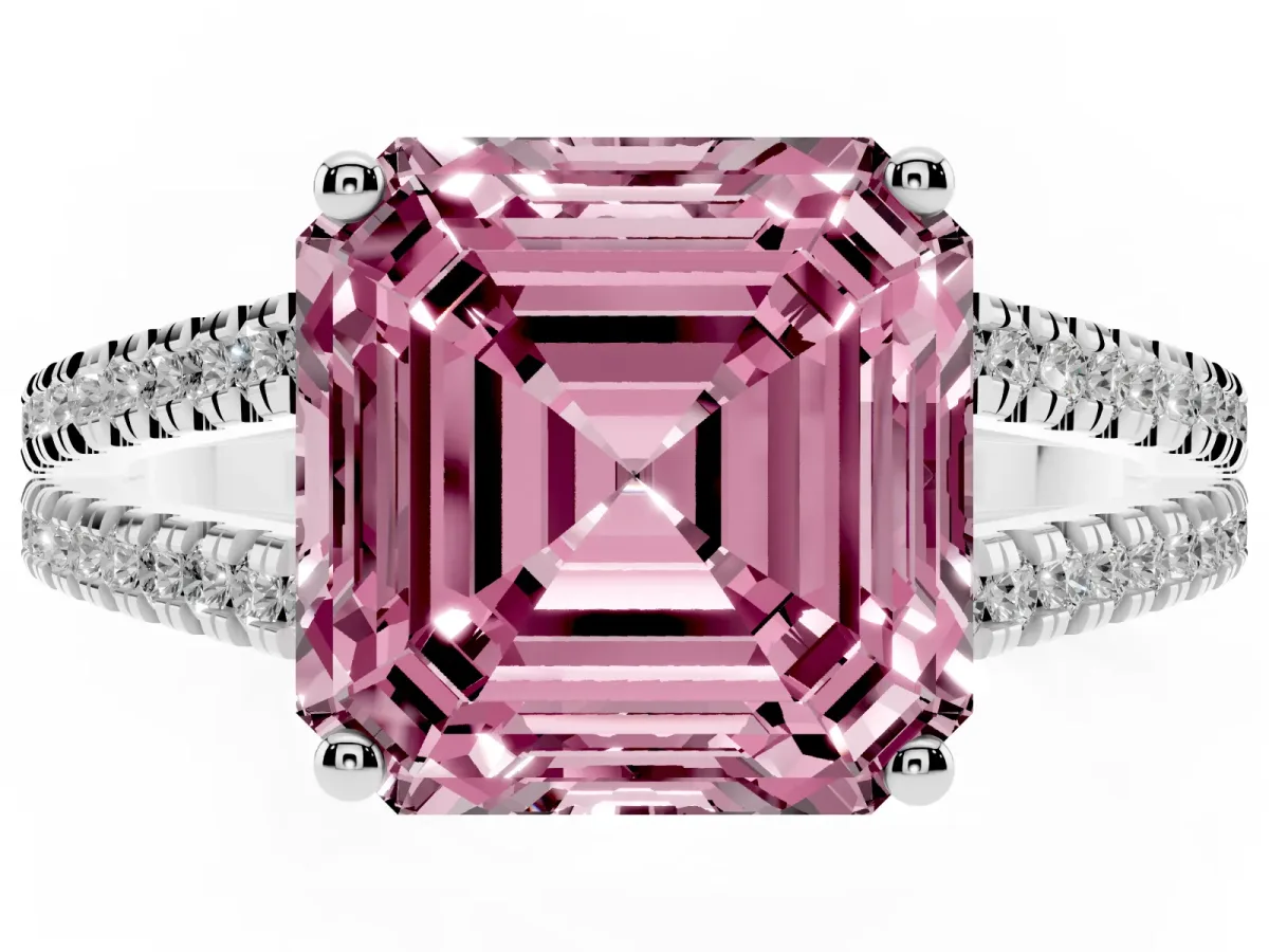 Fancy Pink Asscher Cut Diamond Solitaire Engagement Ring with Split Shank Pavé Band Platinum