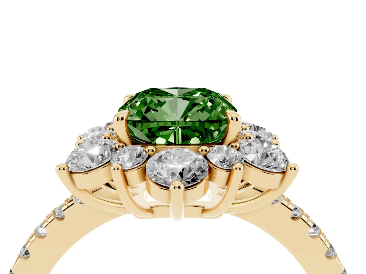 Fancy Green Cushion Cut Diamond Floral Halo Ring with Round Pavé Band and Prong Setting Yellow gold