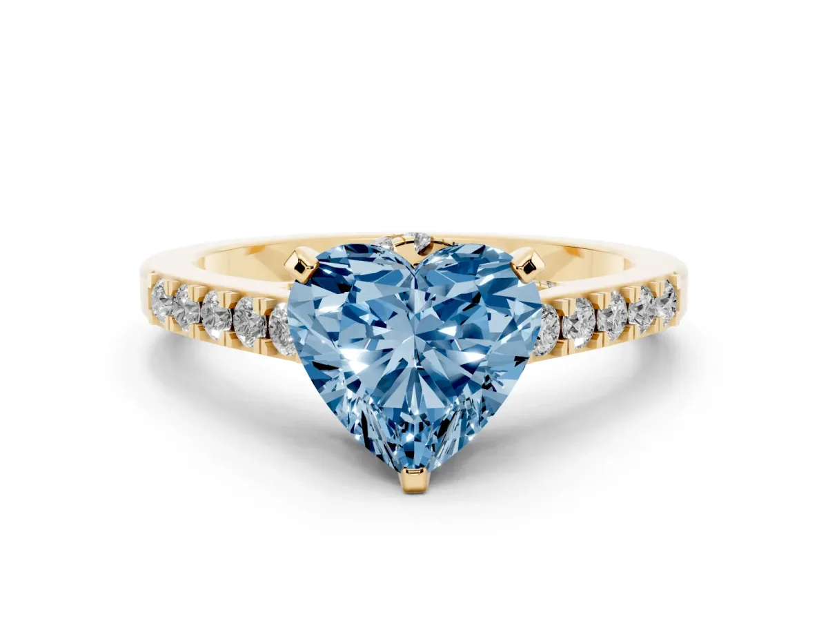 Fancy Blue Heart Cut Diamond Solitaire Ring with Crossover Gallery and Round Pavé Band Yellow gold