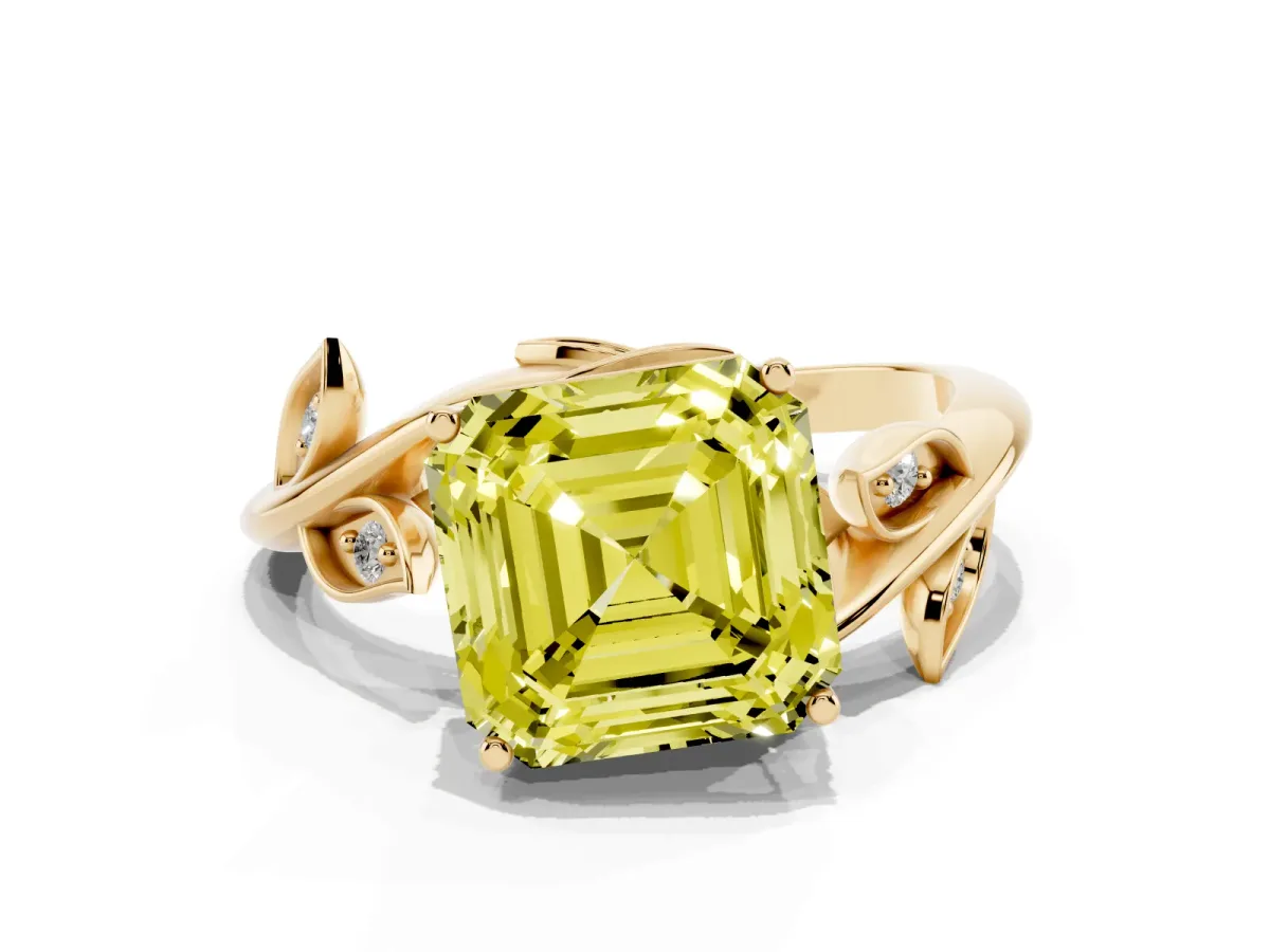 Fancy Yellow Asscher Cut Solitaire Twist Engagement Ring with Leaf Accents and Prong Setting Yellow gold