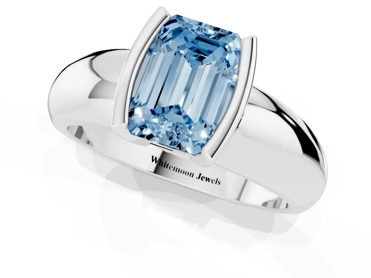 Fancy Blue Emerald Cut Solitaire Tension Set Diamond Ring with Wide Band Silver