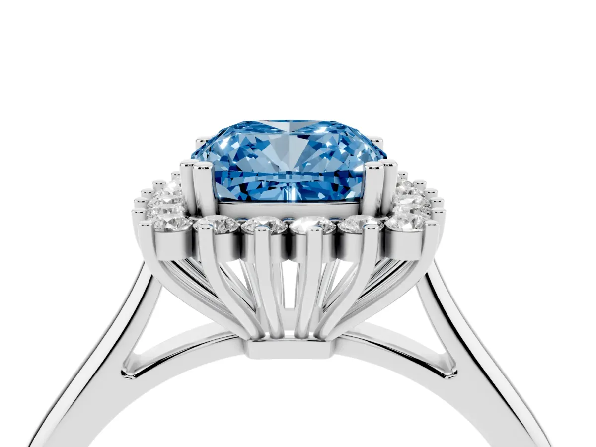 Fancy Blue Cushion Cut Cut Diamond Halo Ring with Solitaire Band and Prong Setting Platinum