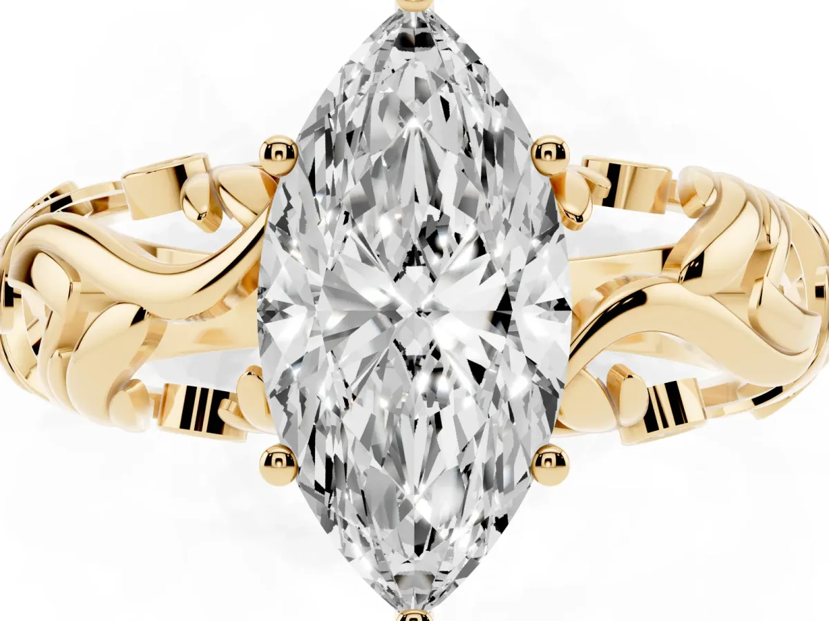 Marquise Cut Solitaire Diamond Leaf-Inspired Vine Band Ring with Prong Setting Yellow gold