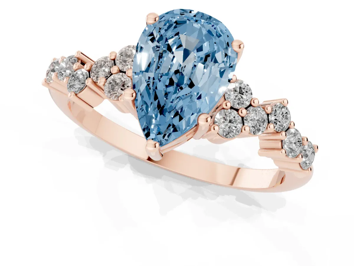 Fancy Blue Pear Cut Diamond Scattered Round Accent Ring with Prong Setting Rose gold