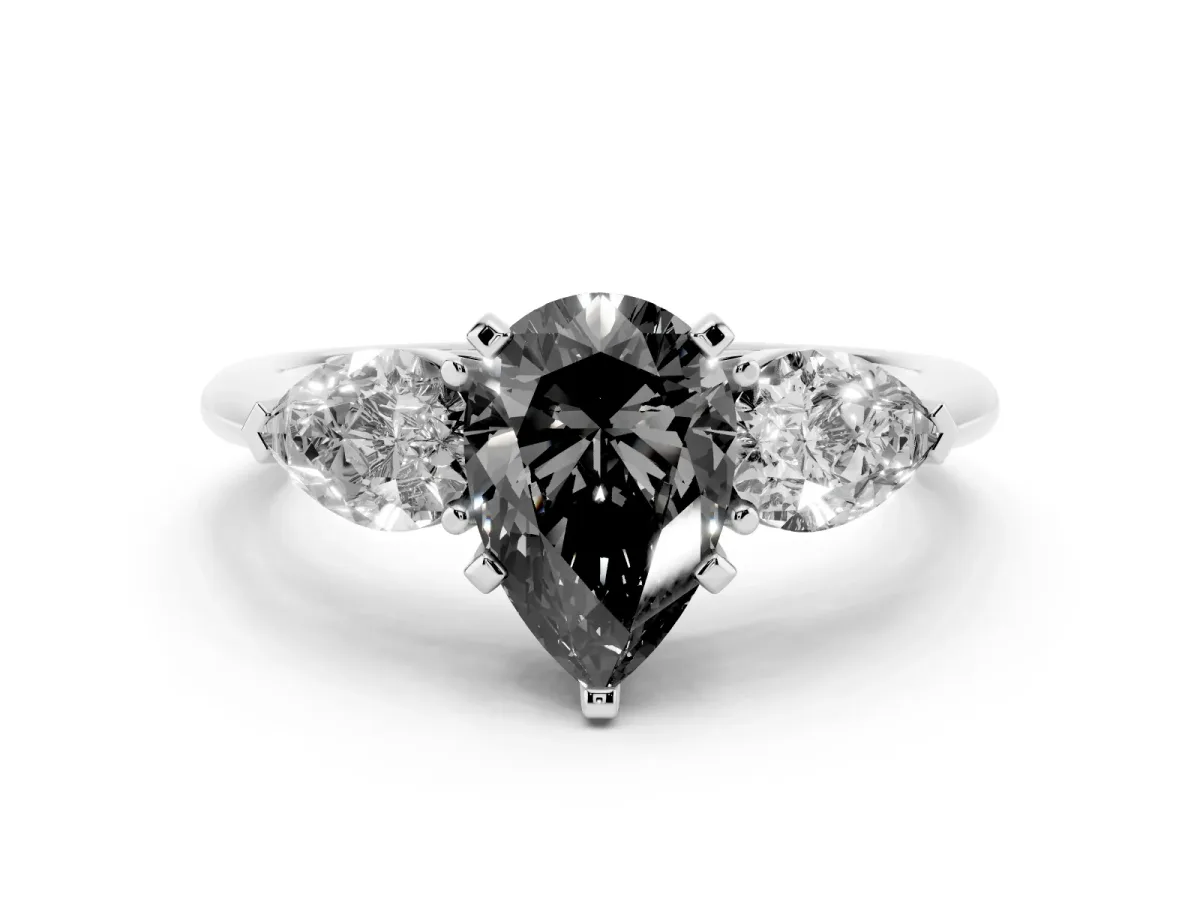 Fancy Black Three-Stone Pear Cut Diamond Ring with Pear Side Stones and Four-Prong Setting Platinum