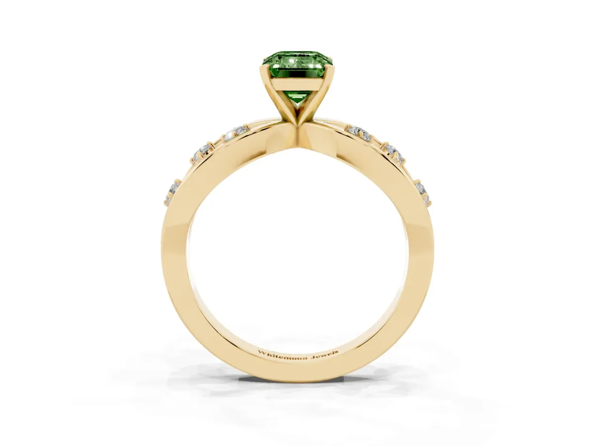 Fancy Green Emerald Cut Cut Solitaire Diamond with Side Stones on Criss-Cross Band and Four-Prong Setting Yellow gold