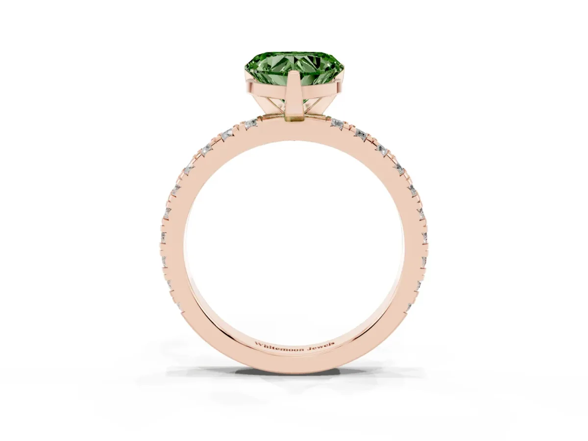 Fancy Green Heart Cut Diamond Pavé Band Solitaire with Four-Prong Setting Rose gold