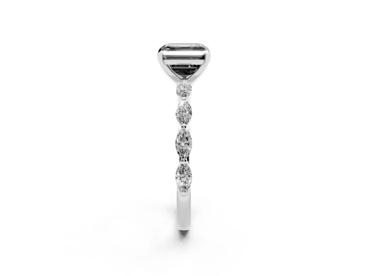 Fancy Black Asscher Cut Diamond Ring with Marquise Side Stones and Prong Setting Platinum