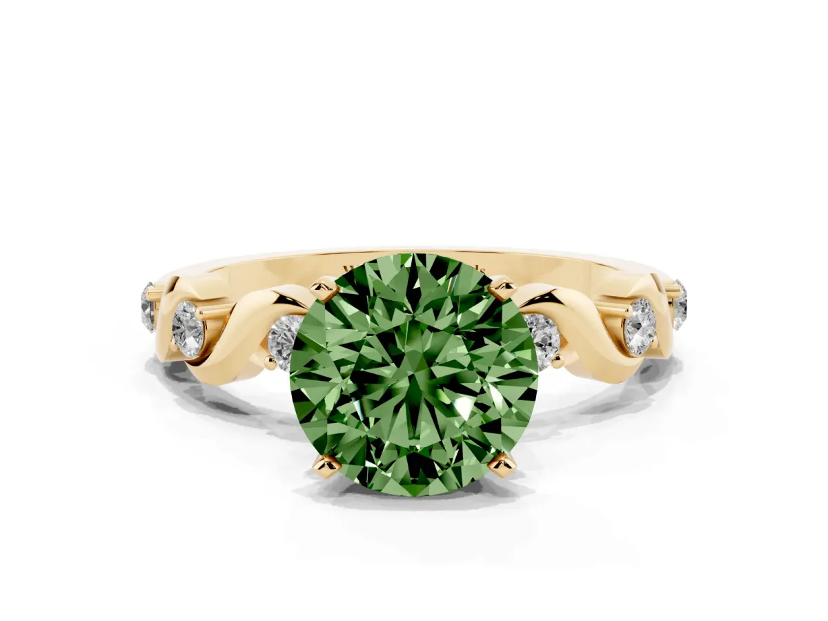 Fancy Green Round Cut Diamond Solitaire Twisted Band with Round Accents and Prong Setting Yellow gold