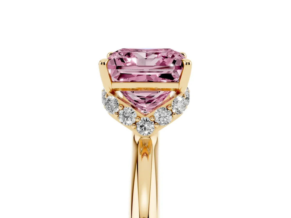 Fancy Pink Princess Cut Brilliant Solitaire Engagement Ring with Six-Prong Setting and Classic Band Yellow gold